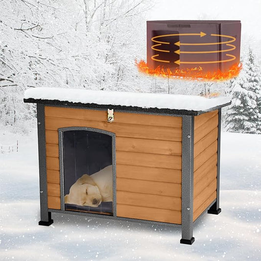 Feral Dog House Outdoor,Anti Bite Iron Frame Dog Kennel,Wood Warm Pets Home,Insulated Weatherproof Outside Shelter for Feral Animal (33.5"(L)×22"(W)×25.2"(H)-Brown-in)-PurrikoPets