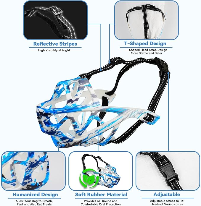 Dog Muzzle for Large Dogs, Medium and X-Large Aggressive Dog, Breathable Basket Muzzles, Suitable for Grooming Trimming Training, Allows Panting Drinking (Camouflage Blue, S)-PurrikoPets