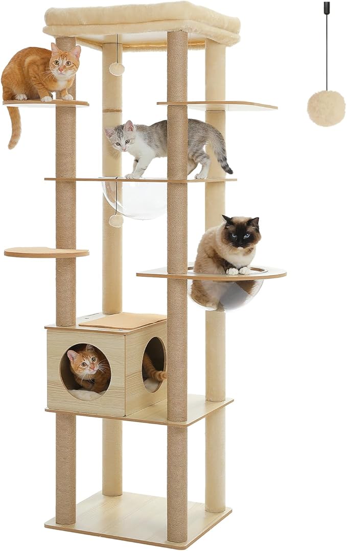 71" Tall Wood Cat Tree for Large Cats, Modern Cat Tower with 2 Acrylic Bowls, Large Top Perch, Spacious Cat Cave (Soft Cushion Included), 10 Sisal Scratching Posts and Non-Slip Jump Platforms-PurrikoPets
