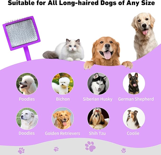 Dog Slicker Brush for Shedding and Grooming Medium or Long Haired Cats, Extra Long & Soft Pin Slicker Brush for Removes Loose Hair, Tangles, Knots, Undercoat, Free Pet Comb, Large Purple-PurrikoPets