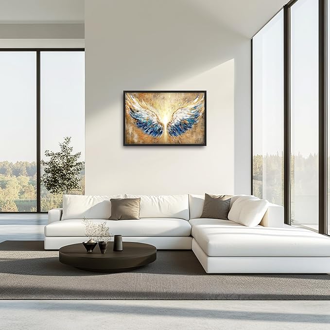 Extra Large Angel Wings Framed Wall Art for Living Room,Oversized Golden Wings Pictures Wall Decor,Holy Gold Blue Canvas Print Painting Modern Artwork Bedroom Office Bathroom 36L" x 24W"-PurrikoPets
