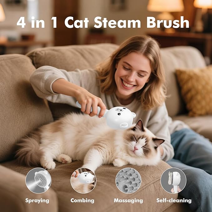 4 in 1 Pet Steam Brush for Cat & Dog, Cat Steam Brush for indoor Cats, Self Cleaning Shedding & Grooming Tool with Waterless Shampoo, Pet Spray Hair Removal Comb with Release Button & Water Tank-PurrikoPets