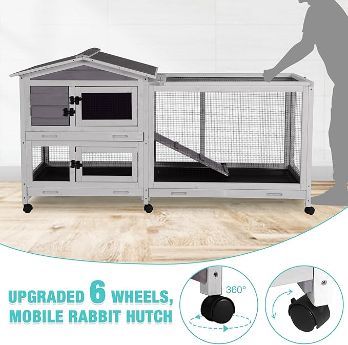 62" Rabbit Hutch with Chew-Proof Ramp & Waterproof Roof - Indoor/Outdoor Bunny Cage, 2-Story Design, 6 Lockable Caster Wheels & Dual Pull-Out Trays (Grey)-PurrikoPets
