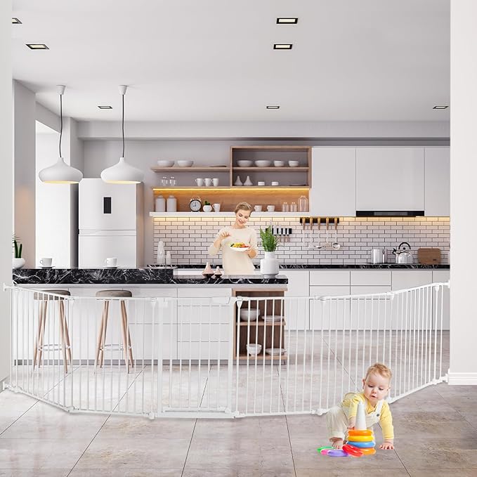 Extra Wide Baby Gate, 30" Tall 142" Wide Configurable Baby Gate Fireplace Safety Fence, Metal Pet Safety Playpen for Toddler/Pet/Dog Christmas Tree Fence (Whtie, (6-Panel))-PurrikoPets