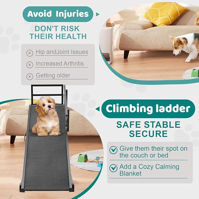 Dog Ramp for Bed, Adjustable Pet Ramps for Dog to Get on Bed, Non-Slip Rubber Surface - Folding Wooden Dog Ramp for Small/Large/Old Dogs, Adjustable up to 31 inch High Beds, Safety Railings-PurrikoPets