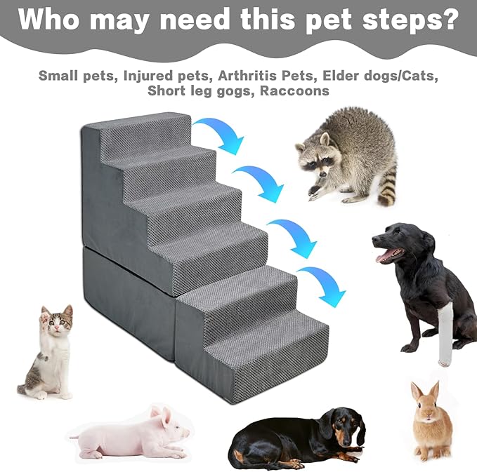 Dog Steps for High Beds 30-32" H - 6-Step Dog Stairs for Small Dogs, 33D Foam Pet Steps for High Bed with Non-Slip Bottom and Washable Cover, Dogs Ramp for Bed Indoor, Grey-PurrikoPets