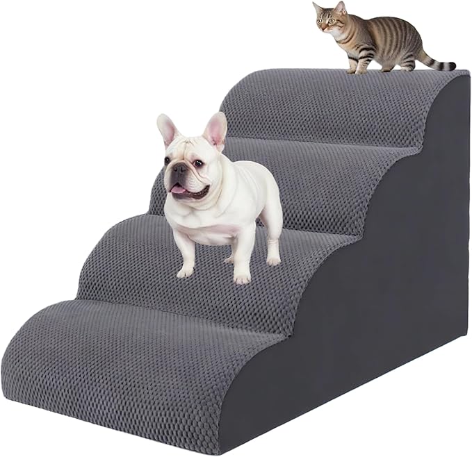 4 Step Pet Stairs Ramp for High Beds Sofas 18-24 Inch with Sturdy Non Slip Waterproof Pads, Machine Washable Cover Indoor Balanced Design for Cats Dogs Small Medium Large XL Pets Grey-PurrikoPets