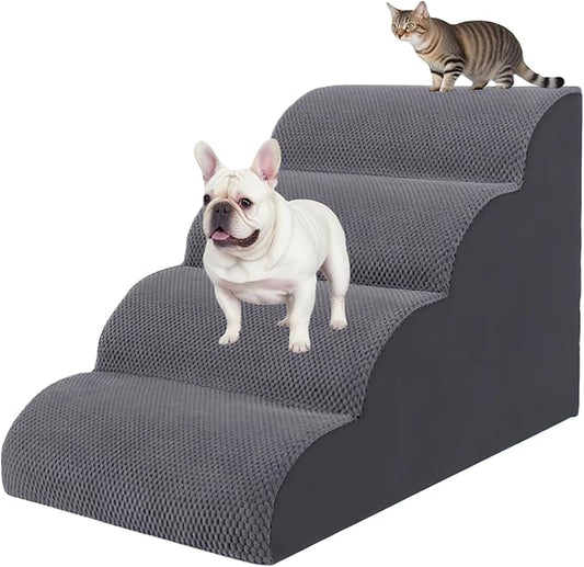 4 Step Pet Stairs Ramp for High Beds Sofas 18-24 Inch with Sturdy Non Slip Waterproof Pads, Machine Washable Cover Indoor Balanced Design for Cats Dogs Small Medium Large XL Pets Grey-PurrikoPets