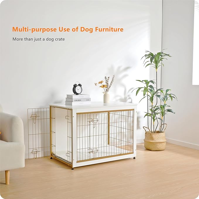 DWANTON Dog Crate Furniture with Cushion, Wooden Kennel Table with Double Doors, Indoor Dog House, Large Size, 38.5" L, White-PurrikoPets