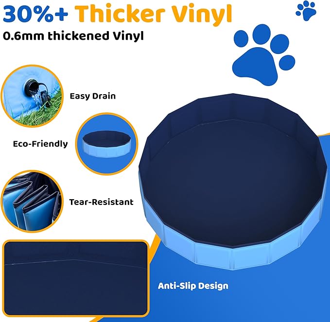 39.5" x 12" Foldable Dog Pool - Collapsible Hard Plastic Kiddie Pool for Dogs & Kids, Non-Slip Pet Bath Tub for Outdoor Backyard Use, Lightweight & Portable (Blue)-PurrikoPets