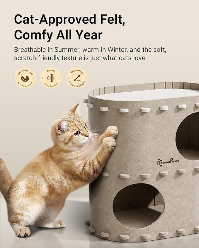 DownyPaws Cat House for Indoor Cats, 2-Storey Foldable Cat Bed Cave, Felt Cats Tunnel Bed Condo, Castle Kitten Cube Hideaway for Multicats, Scratch Resistant, Cream-PurrikoPets