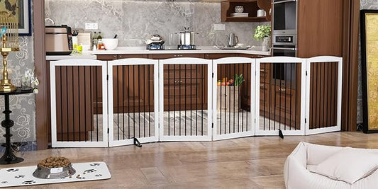 Freestanding Pet Gate for Dogs, Indoor Wooden Foldable Dog Gate for House, Extra Wide, Pet Fence for Stairs, Doorways, Halls, Support Feet Included, 120 Inch Wide, 6 Panels 32",White-PurrikoPets