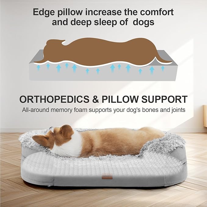 3.7 inch Thickened Orthopedic Dog Beds for Medium Dogs, Supportive Dog Sofa Bed with 28D Egg-Crate Foam, Removable Washable Plush Cover, Waterproof Lining, Half-Round Design for Puppy,Senior Dog-PurrikoPets