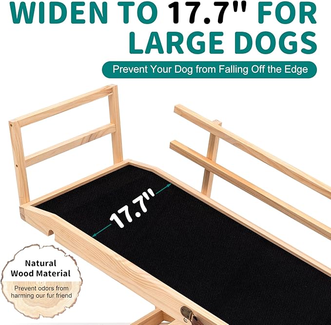Dog Ramp for Bed, Adjustable Pet Ramps for Dog to Get on Bed, Non-Slip Rubber Surface - Folding Wooden Dog Ramp for Small/Large/Old Dogs, Adjustable up to 23.5 inch High Beds, Safety Railings-PurrikoPets
