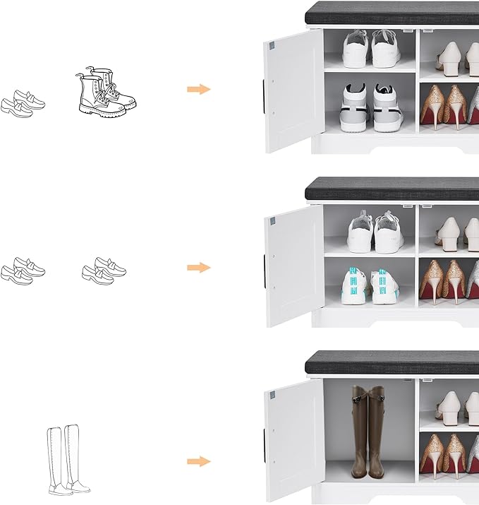 2-Tier Storage Bench, Shoe Bench with Padded Seat Cushion, Entryway Bench with 2 Barn Doors, Adjustable Shelf, 13.8" D x 27.6" W x 17.7" H, for Entryway, Living Room, Bedroom, White-PurrikoPets