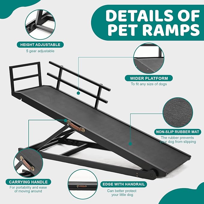 Dog Ramp for Bed, Adjustable Pet Ramps for Dog to Get on Bed, Non-Slip Rubber Surface - Folding Wooden Dog Ramp for Small/Large/Old Dogs, Adjustable up to 31 inch High Beds, Safety Railings-PurrikoPets