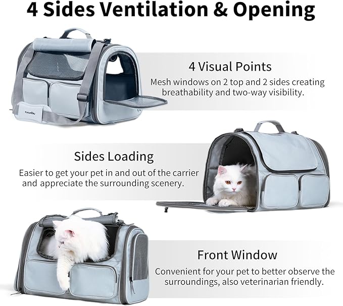 FUKUMARU Cat Carrier, Soft-Sided Small Dog Carrier, Large Cat Travel Bag with 4 Mesh Windows, Under 15 lb Airline Approved Pet Carrier with 4 Storage Pockets, Rollable Cover for Nervous Cats, Grey-PurrikoPets