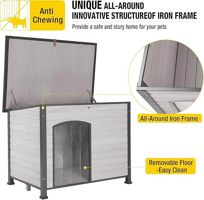 Aivituvin Large Dog House Outdoor Indoor Weatherproof Dog House for Small & Medium & Large Dogs with Unique All-Around Iron Frame＆Raised Feet（White）-PurrikoPets