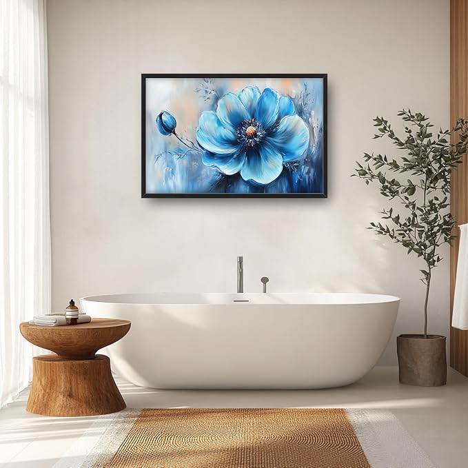 Extra Large Abstract Blue Flower Framed Wall Art for Living Room,Oversized Elegant Floral Pictures Wall Decor,Canvas Print Painting Modern Artwork Bedroom Office Bathroom 36L" x 24W"-PurrikoPets