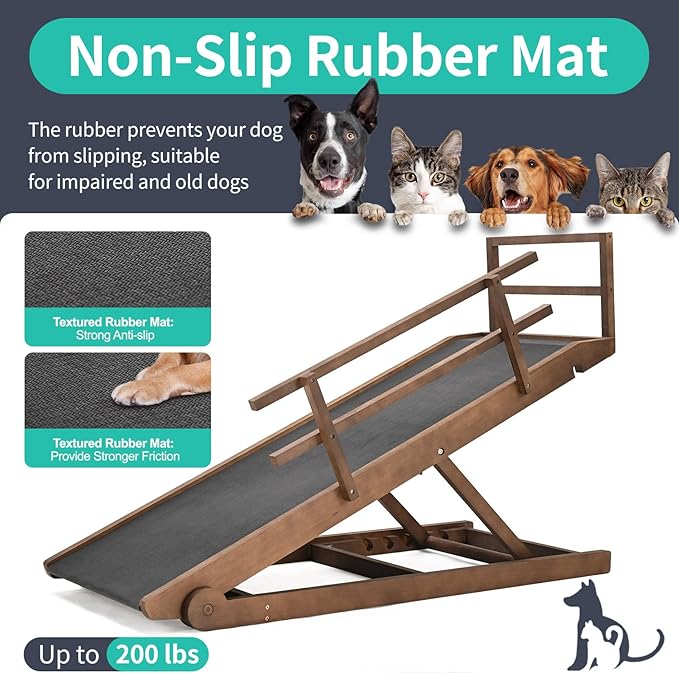 Dog Ramp, 5 Level Adjustable Wooden Folding Pet Ramp for Middle Bed, Couch,SUV-High Traction, Portable Paw Ramps for Small & Large Old Dogs & Cats - Furniture Quality-PurrikoPets