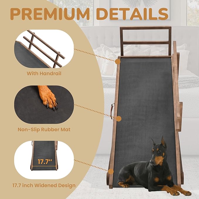 Dog Ramp for Bed, Adjustable Pet Ramps for Dog to Get on Bed, Non-Slip Rubber Surface - Folding Wooden Dog Ramp for Small/Large/Old Dogs, Adjustable up to 23.5 inch High Beds, Safety Railings-PurrikoPets