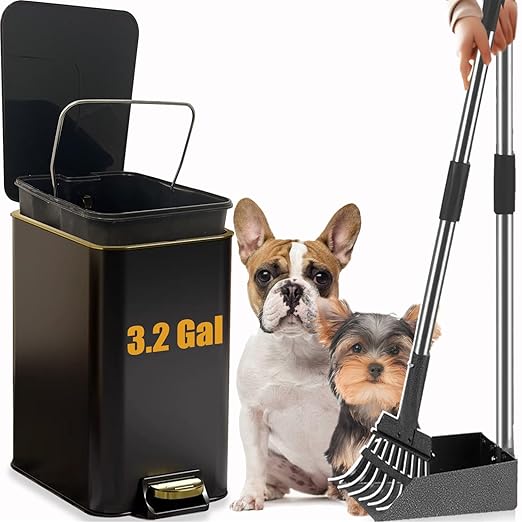 Dog Poop Trash Can Outside Stainless Steel - Metal Pooper Scooper Set - 12L Dog Waste Trash Can Outdoor with Pedal - Backyard, Yard - Removable Inner Bin, Long Handle Tray and Rake - Black and Gold-PurrikoPets