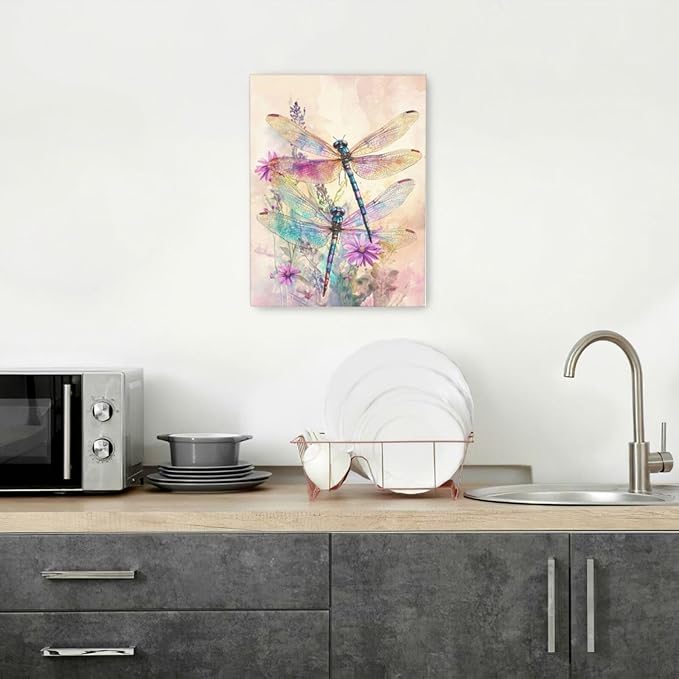 Dragonfly Bathroom Pictures Wall Art, Floral Bathroom Wall Decor, Framed Painting Canvas Artwork for Bedroom Living Room Decorations 16"L x 12"W-PurrikoPets