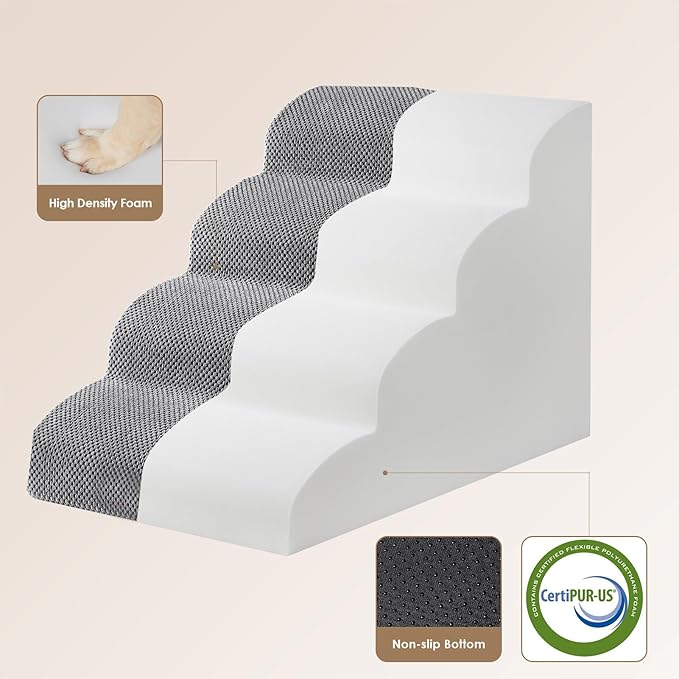 EHEYCIGA Curved Dog Stairs Ramp for High Beds 19.7" H, 4-Step Dog Steps for Small Dogs and Cats, Pet Stairs for High Bed Climbing, Non-Slip Balanced Pet Step Indoor, Grey-PurrikoPets