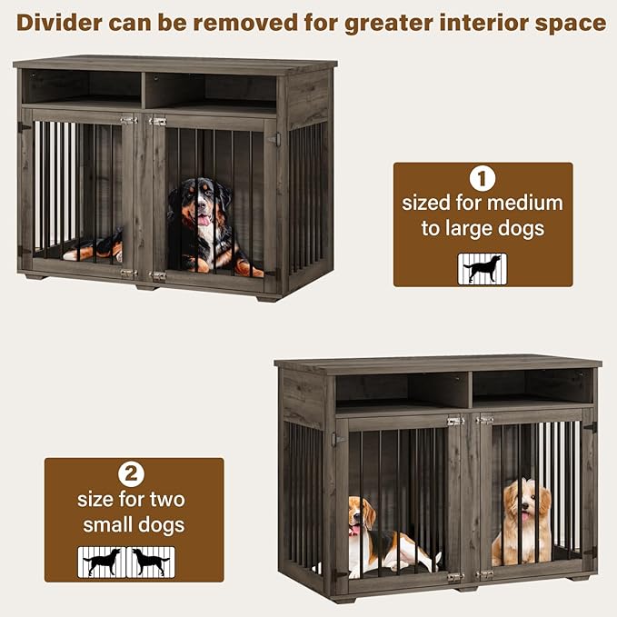 Furniture Dog Crate for 2 Dogs, 41 Inch Dog Kennel Furniture with Removable Divider and Shelf Storage, Wooden Dog Crate for Small/Medium Dogs, Grey-PurrikoPets