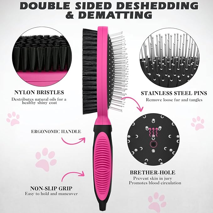 2PCS Pet Grooming Tools - Double-Sided Brush for Shedding and Bathing, Suitable for Short/Long Haired Dogs Cats and Horses, Deshedding Dog Brush, Mane & Tail Combs for Horses - Pet Supplies (Pink)-PurrikoPets