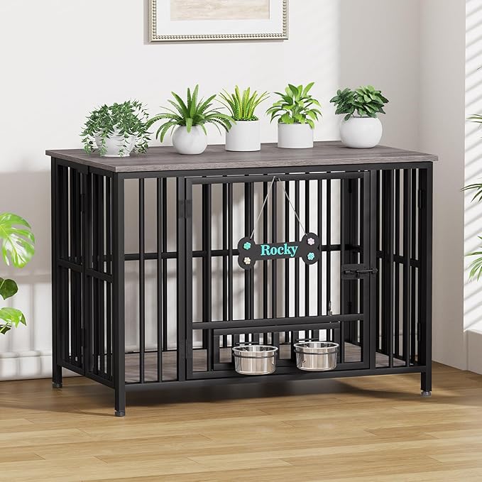 Easycom 41" Dog Crate Furniture Foldable, No Assembly Decorative Dog Kennel Indoor, Dog Crates for Large Dogs (40-65 lbs), Wooden Dog Cage with Adjustable Bowls and Name Tag, End Table, Oak Grey-PurrikoPets