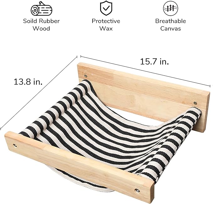FUKUMARU Hammock Wall Mounted Cat Beds and Perches, Wooden Kitten Walls Furniture, Stable Cats Shelves for Sleeping, Playing, Climbing, and Lounging, Black Stripe-PurrikoPets