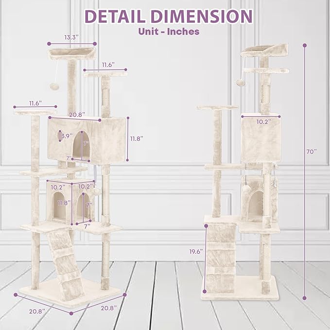 70 Inches Cat Tower for Indoor Cats Multi-Level Cat Condos XL Cat Tree Climbing Tower with Scratching Posts, Hanging Toys, Beige-PurrikoPets