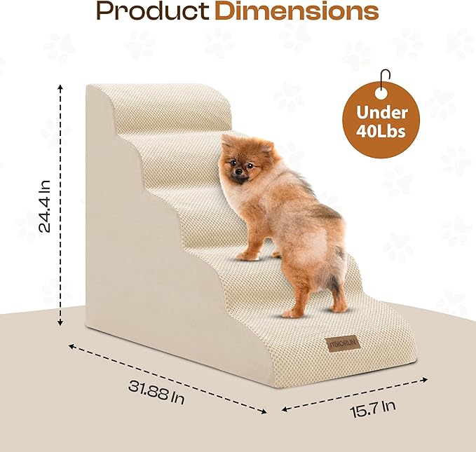 Dog Stairs for High Beds, Extra Tall 24.5" 5-Step Pet Steps for Medium & Small Dogs, Foam Ramp for Tall Couch & Bed, Washable Cover - Dog Steps for Bed-PurrikoPets