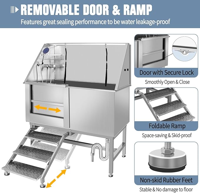 50" Dog Washing Station, Professional Stainless Steel Dog Bathing Station, Equipped/W Three Anti-Slip Steps, Removable Door, Upgraded Spray Nozzle&Hose - for Home, Pet Grooming Salon (50" Left ramp)-PurrikoPets
