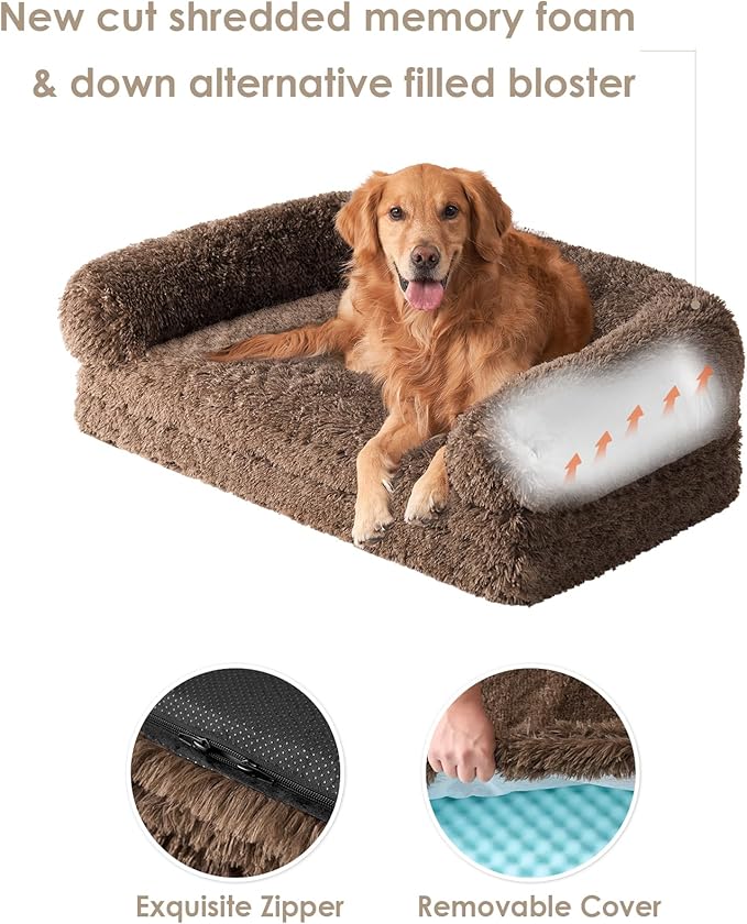 EHEYCIGA Foldable XXL Dog Bed, Faux Fur Fluffy Pet Couch Bed for Extra Large Dogs, Orthopedic Calming Memory Foam Big Pet Bed, Washable Soft Pet Sofa Bed with Non-Slip Bottom, Brown, 54"x38"x7.5"-PurrikoPets