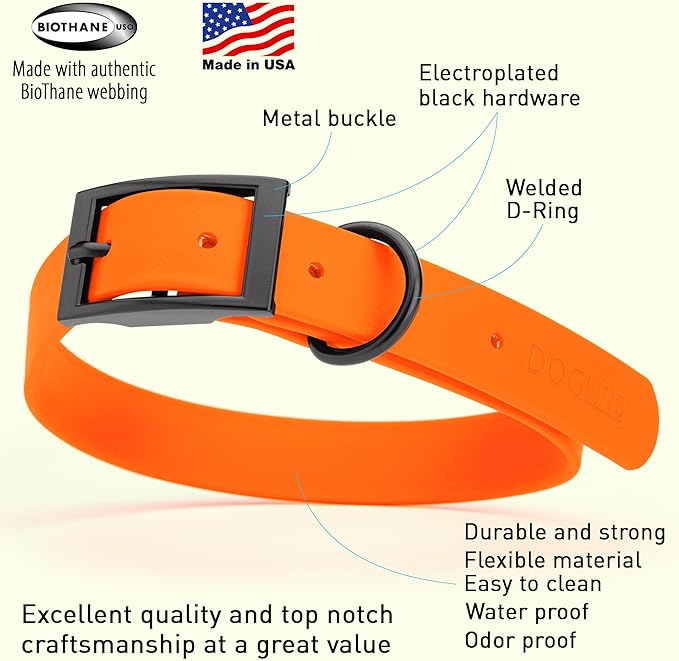 Dogline Biothane Waterproof Dog Collar Strong Coated Nylon Webbing with Black Hardware Odor- Proof for Easy Care Easy to Clean High Performance Fits Small Medium or Large Dogs, Hunter Orange-PurrikoPets