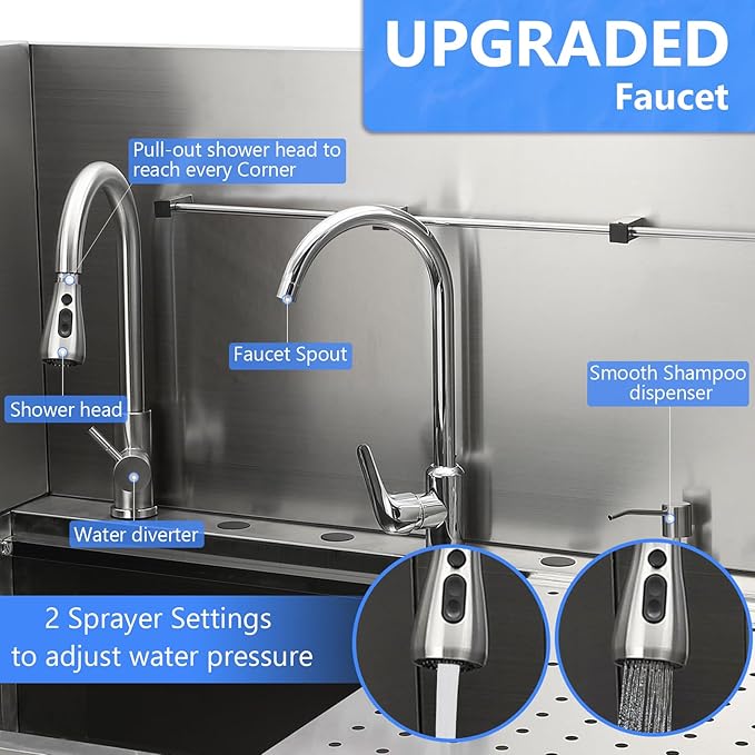 50" Dog Washing Station, Professional Stainless Steel Pet Dog Bathing Station with Ramp, Faucet, Storage Drawer, Floor Grate Dog Bathtub for Large, Medium, Small Pets (Right Ramp)-PurrikoPets