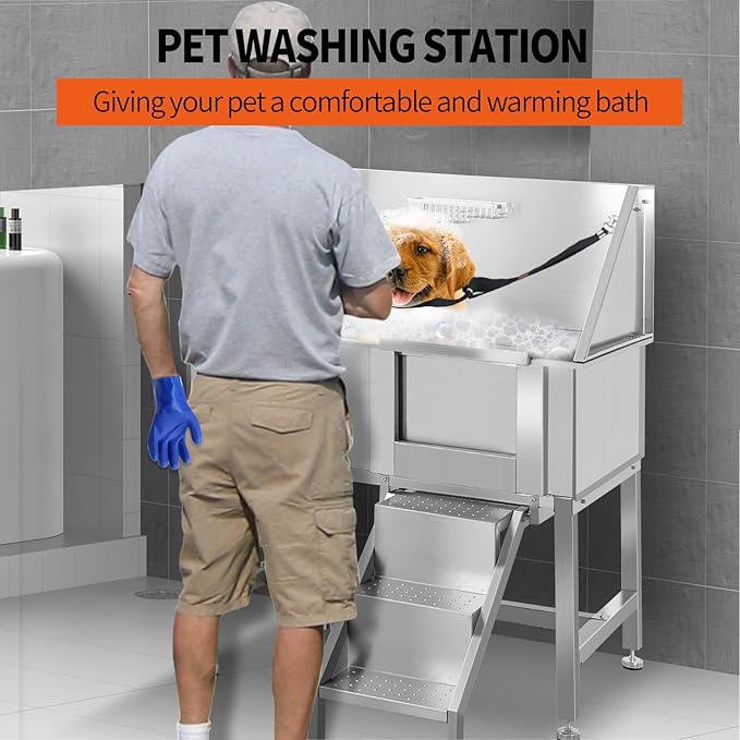 Dog Washing Station 38'' Stainless Steel Pet Grooming Tub for Large Dogs Over-Size Professional Dog Grooming Bathtub Station Wash Shower Sink Pet Grooming Bathtub Station,Right Door-PurrikoPets