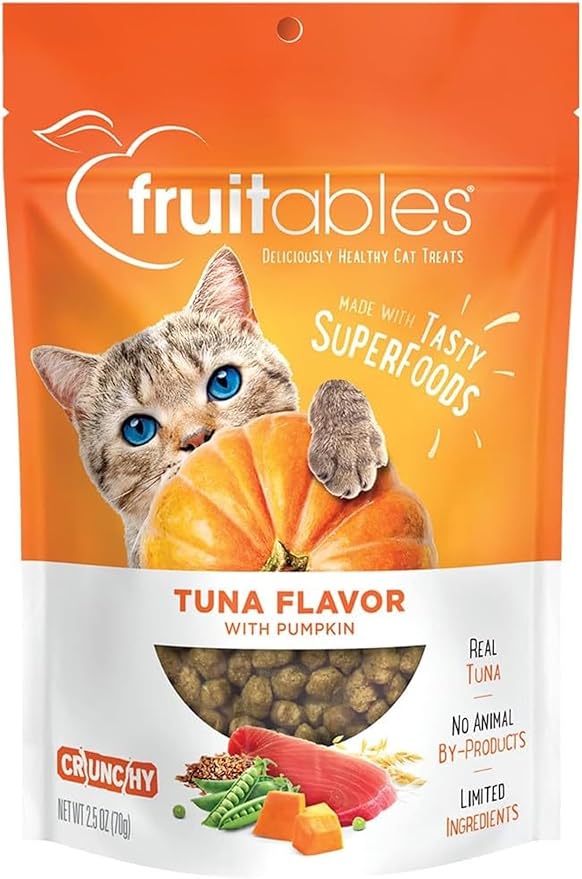 Fruitables Cat Treats, Healthy Treats For Cats, Low Calorie and Packed with Protein, Crunchy Biscuits, Free of Wheat, Corn and Soy, Made with Real Tuna and Pumpkin, 2.5oz-PurrikoPets