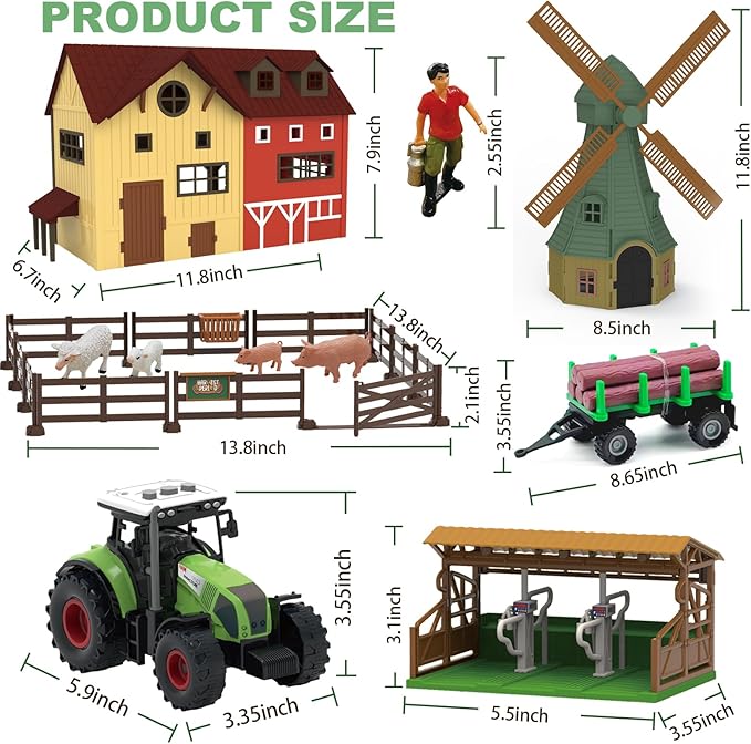136PCS Farm Animals Toys Set Comes with Barn, Tractor Trailer, Milking shed, Windmill, Farmer, Fence - Playset for Kids Toddlers Boys Girls 5+ Years Old-PurrikoPets
