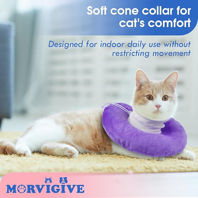 Adjustable Cat Neck Cone, Comfortable Elizabethan Recovery Collar After Surgery to Prevent Licking Wound, Ideal for Skin Disease, Deworming, Protective Pet Cone, Purple Medium-PurrikoPets