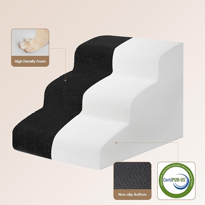 EHEYCIGA Curved Dog Stairs Ramp for Small Dogs 15.7" H, 3-Step Dog Steps for Couch Sofa and Chair, Pet Stairs for Cats, Non-Slip Balanced Pet Steps Indoor, Black-PurrikoPets