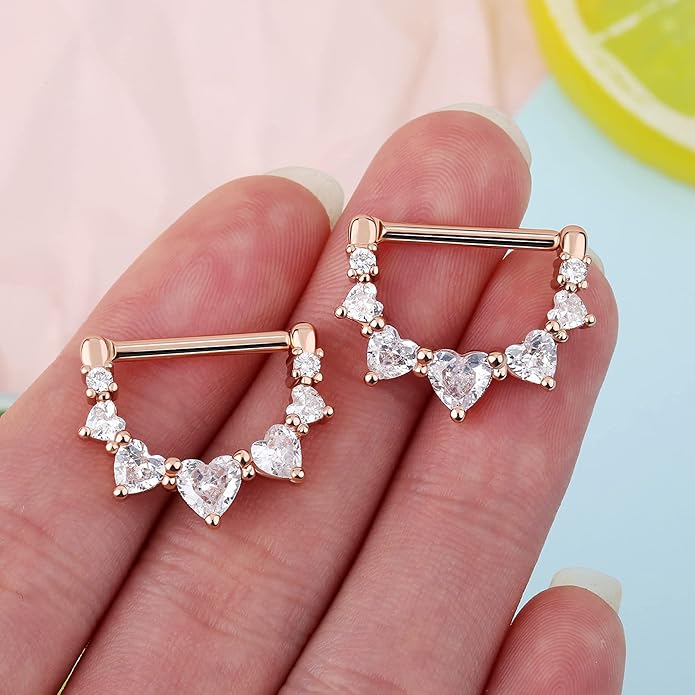 Melighting 2pcs 14G Nipple Rings Surgial Steel 316L Piercing Jewelry Shiny Heart Clear CZ Nipple Bars Rose Gold 14mm
