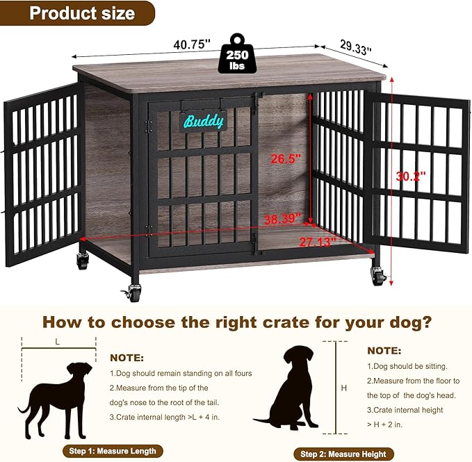 EasyCom 41"/33"/27" Dog Crate Furniture with Name Tag, Heavy Duty Dog Kennel Indoor for Medium Dogs, Double-Doors Sturdy Metal Dog Cage for Anxiety Dog, Decorate House as TV Stand, End Table-PurrikoPets