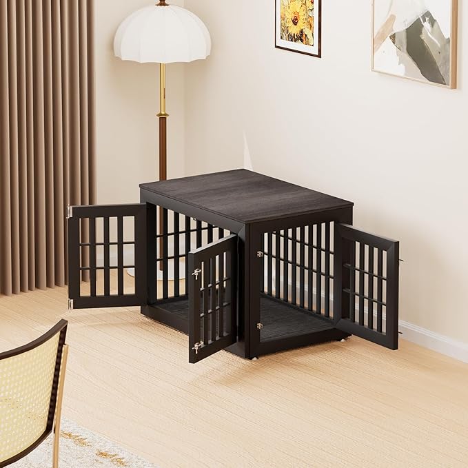 38" Heavy Duty Dog Crate Furniture for Small,Medium and Large Dogs,Rustic Wooden Dog Cage Kennel Indoor Furniture with Waterproof Top,Decorative Pet House Side End Table (Black & Grey)-PurrikoPets