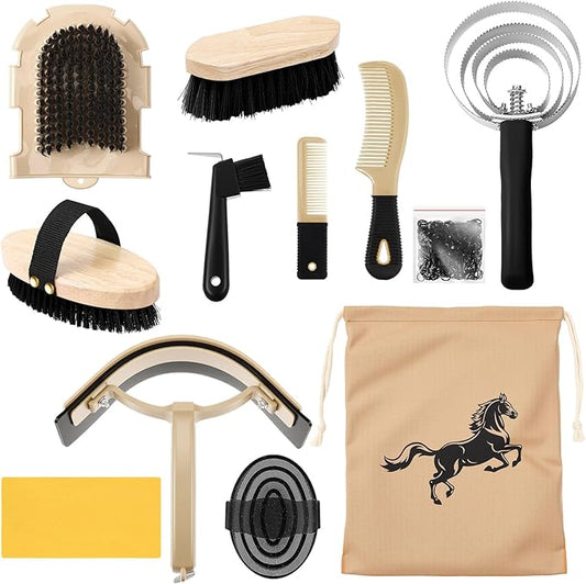 Abbylike 12 Pieces Horse Grooming Kit Racing Festival Tack Room Supplies Horse Brush Sets Equine Care Cleaning Kit Shedding Grooming Massaging Tools(Black)-PurrikoPets