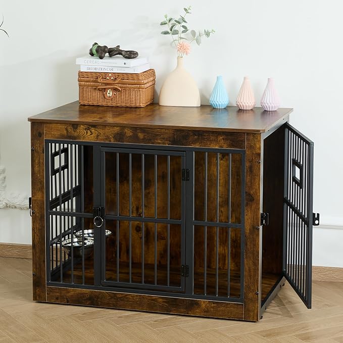 Gardner Pet Dog Crate Furniture for Medium Dogs, 32.7 Inch Dog Kennel Indoor, Wooden Dog Cage End Table with 2 Removable Bowls, Heavy Duty Dog Crate, Rustic Brown-PurrikoPets