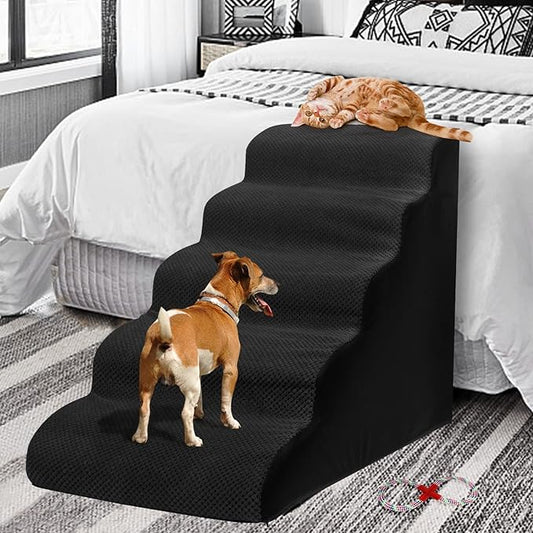 Dog Stairs&Steps for High Beds Up to 28'', 5-Step Dog Ramp for Small Medium Dogs with Washable Cover, Pet Steps for Cats to Get on Couch and Sofa, Durable Foam Ladders, 24.4" Tall, Black-PurrikoPets