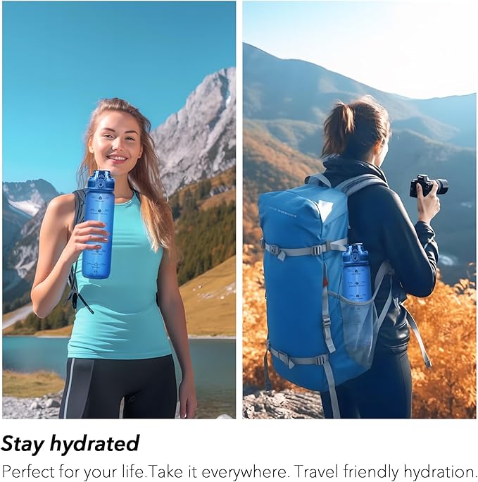 32oz Motivational Water Bottles with Time Marker & Fruit Strainer, Transparent Gradient Color Water Bottle with Times to Drink, Leakproof & BPA Free, Reusable Bottle with Strap (No Straw)-PurrikoPets